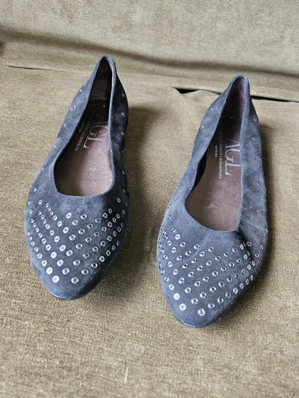 AGL Black Suede Studded Pointed-Toe Ballet Flats - Picture 6 of 12